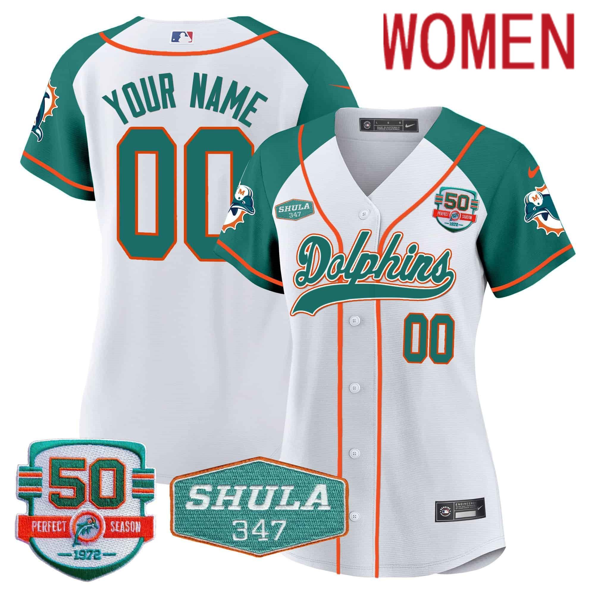 Women Miami Dolphins White 2024 Nike 50th Don Shula Memorial Patch Baseball Custom NFL Jersey style 1->customized nfl jersey->Custom Jersey